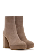 Women's Mink Thick Heeled Zippered Suede Leather Boots | Derimod