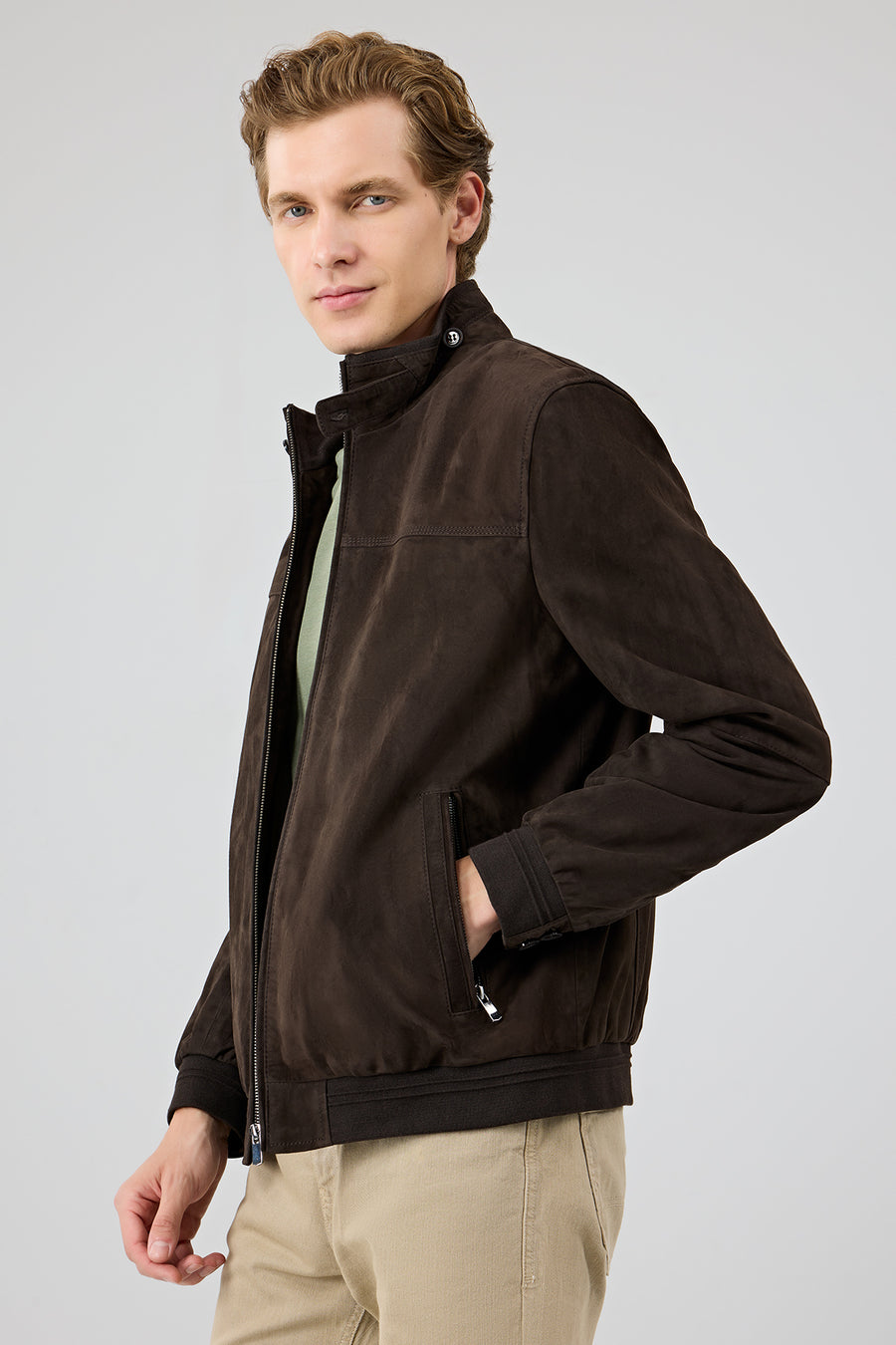Marcelo Men's Brown Mandarin Collar Suede Leather Jacket