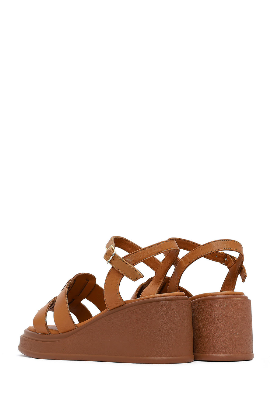 Women's Tan Ankle Buckle Wedge Heel Leather Sandals