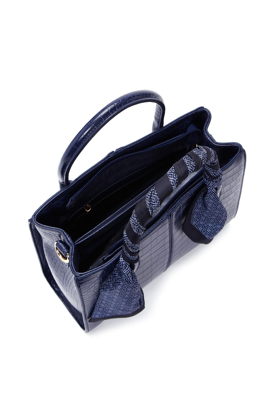 Women's Navy Blue Long Strap Crocodile Patterned Handbag with Accessory Detail