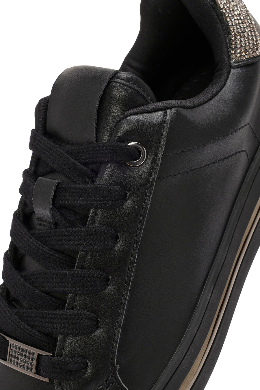 Woman Black Lace-Up Rhinestone Sneakers