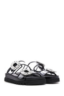 Women's Black Leather Stone Transparent Slippers | Derimod