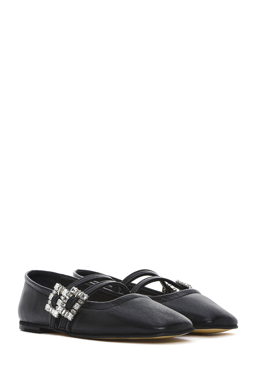 Women's Black Double Buckled Stoned Leather Ballerinas