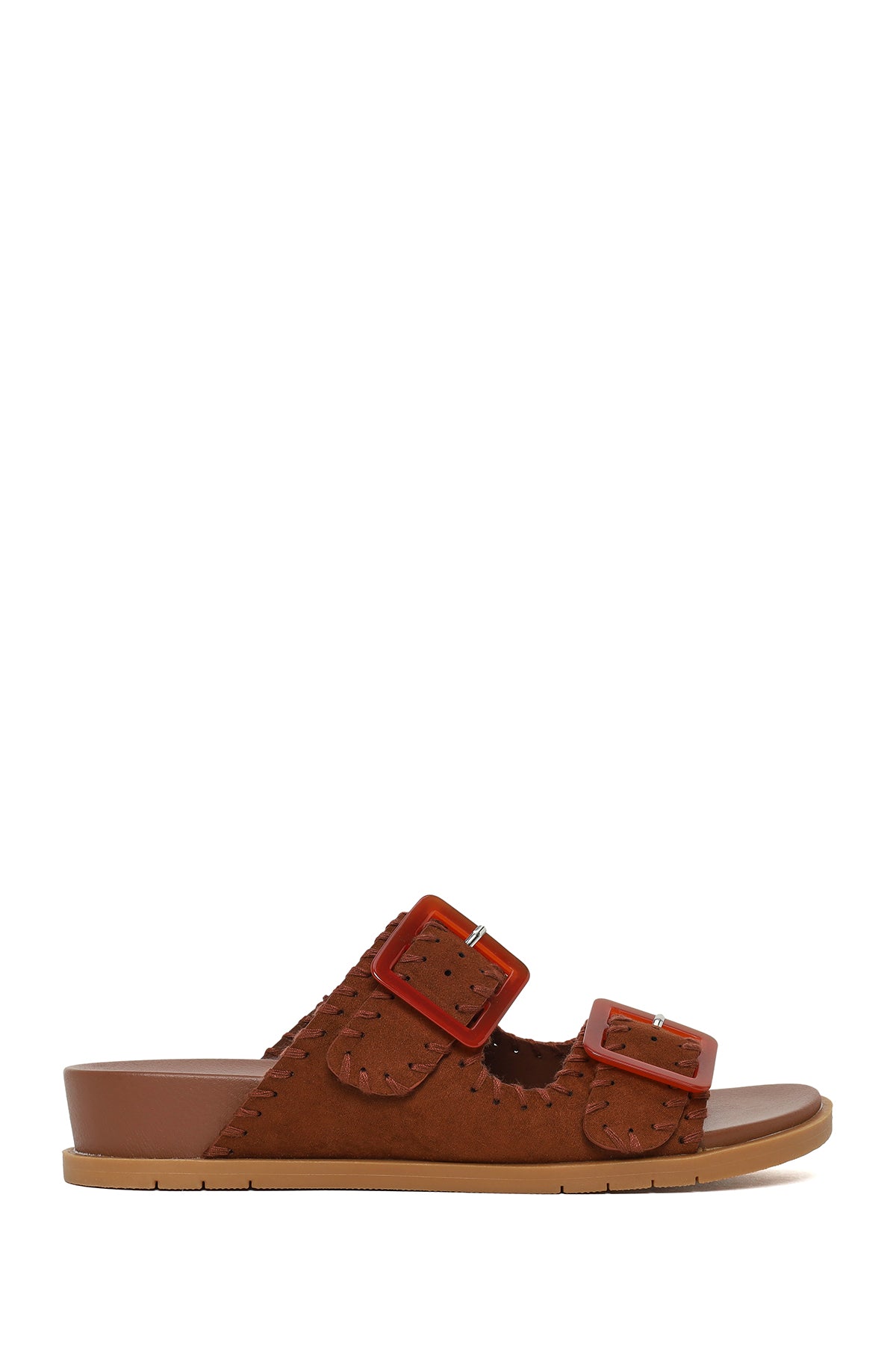 Woman Brown Double-Buckle Suede Slippers 26SFE480910 | Derimod