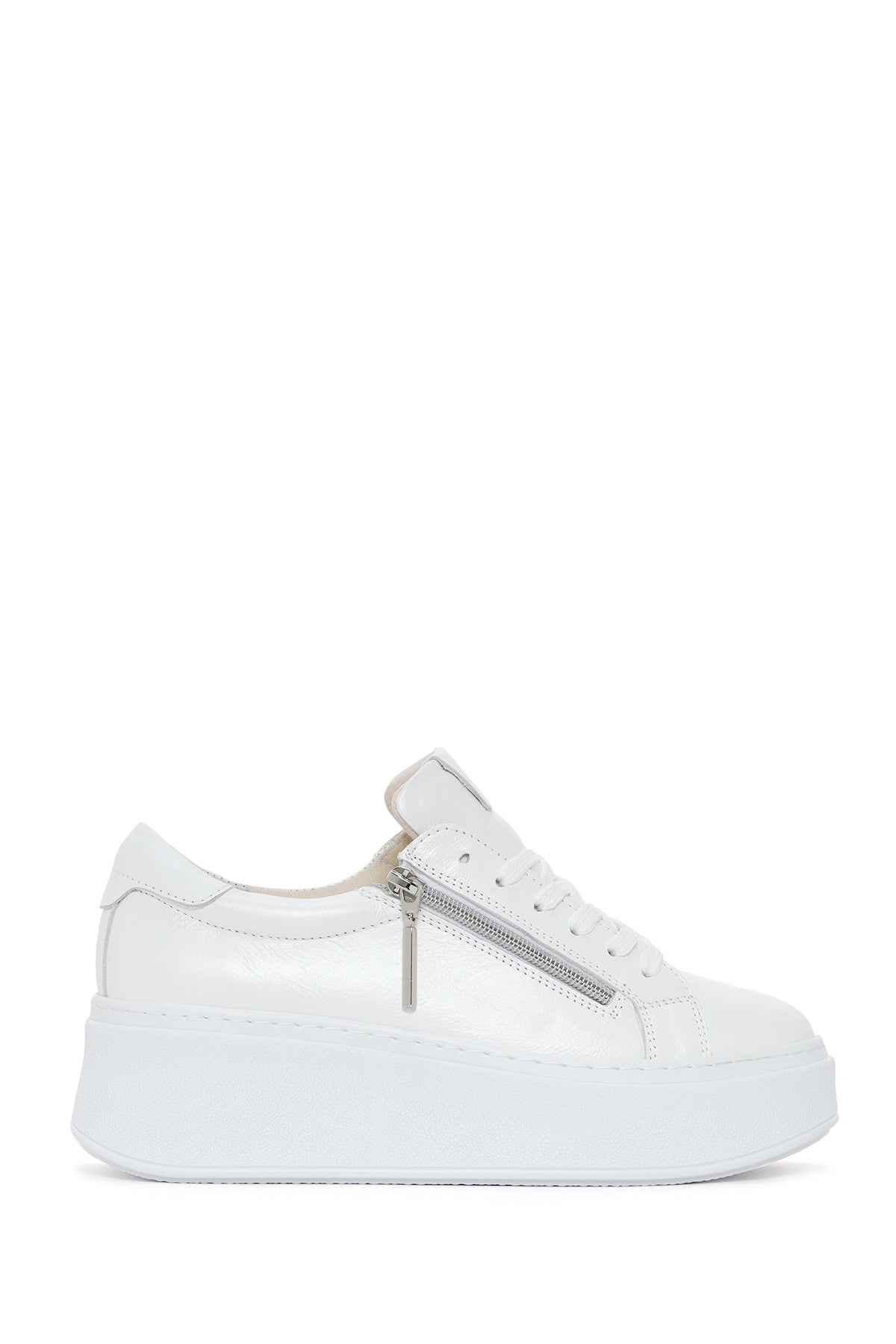 Women's White Thick Sole Side Zipper Leather Sneaker 24SFD3703SM | Derimod