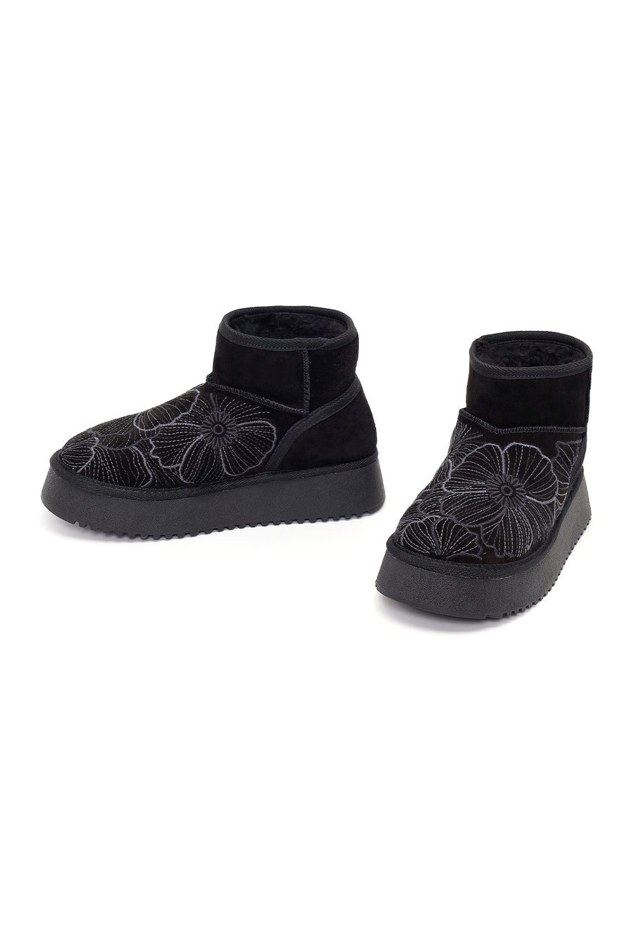 Woman Black Patterned Chunky Sole Suede Teddy Boots