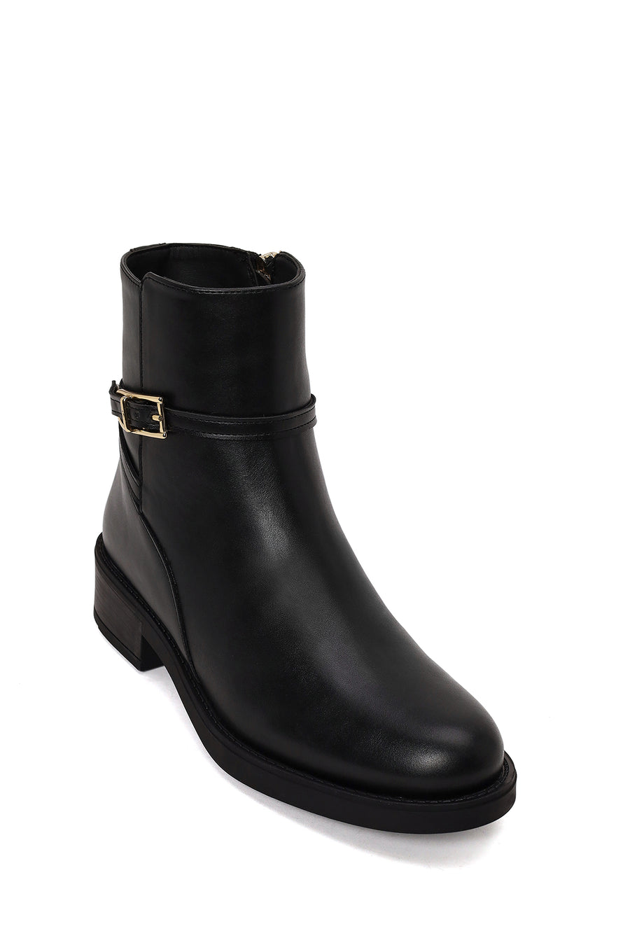 Woman Black Zip Closure Buckled Boots