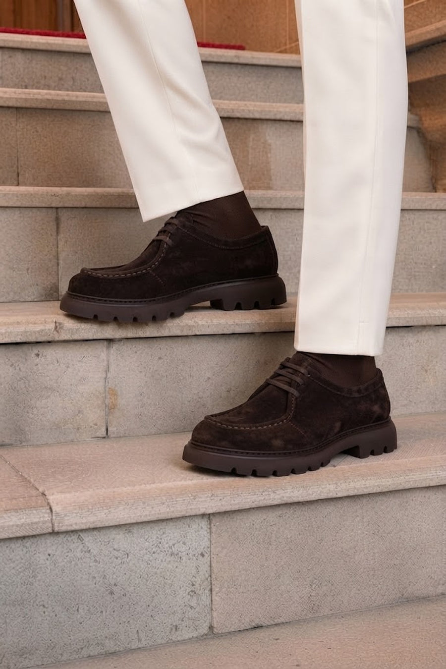 Male Brown Lace-Up Thick-Soled Suede Casual Shoes