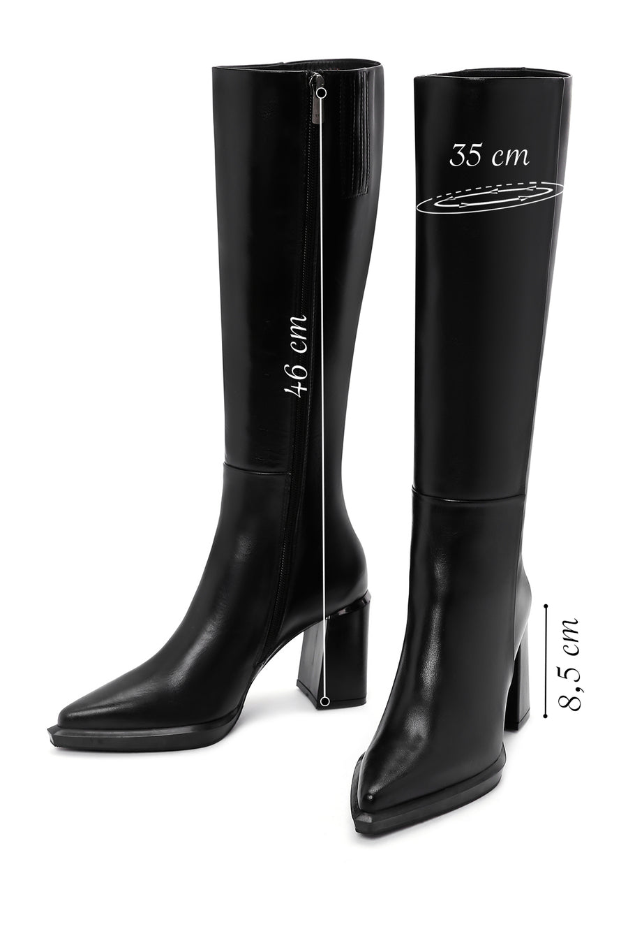 Woman Black Zip Closure Chunky Heeled Leather Boots