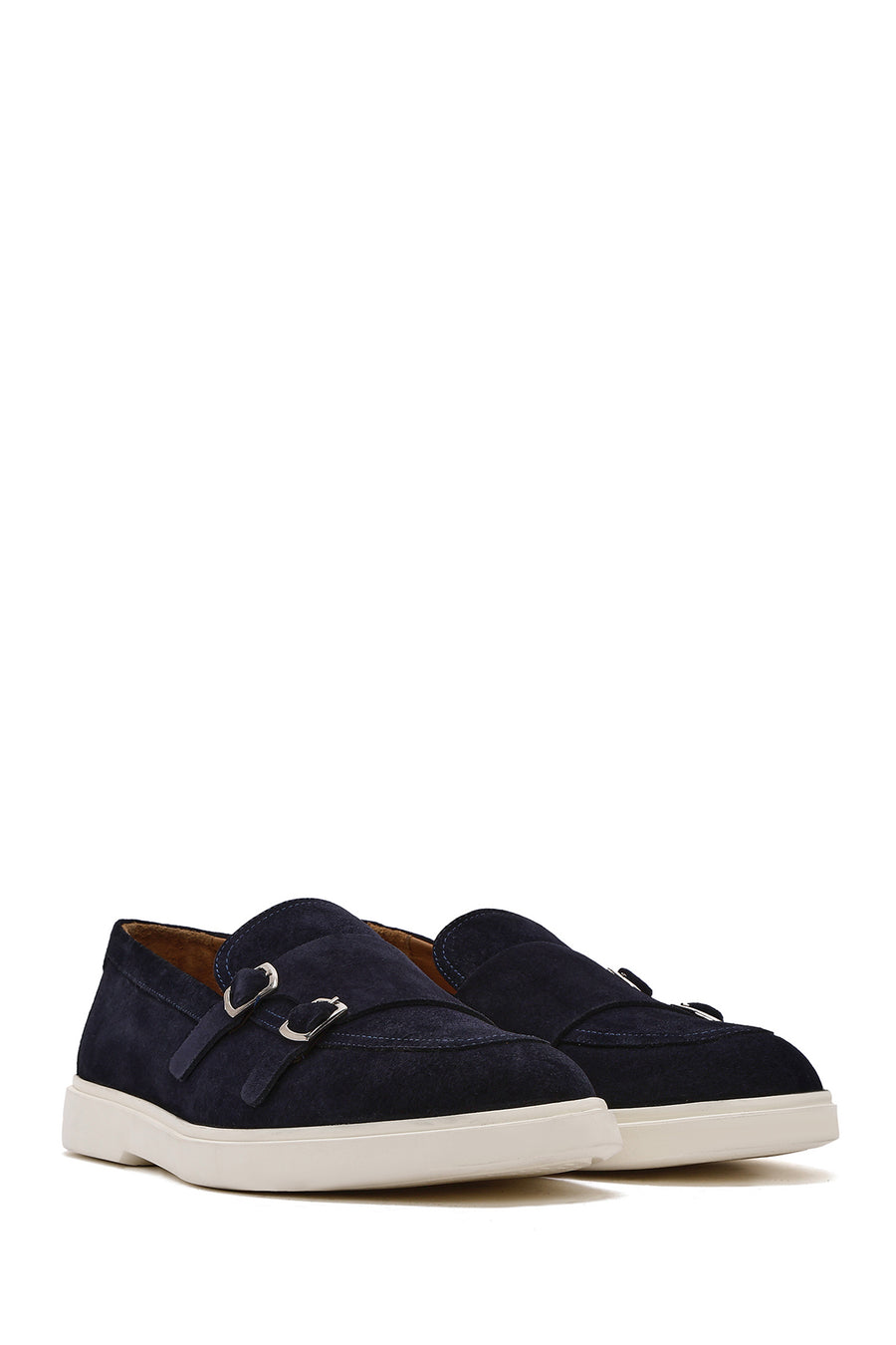 Men's Navy Blue Double Buckle Suede Leather Loafer