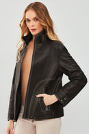 Evita Women's Black Oversize Leather Jacket | Derimod