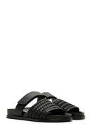 Women's Black Knit Leather Slippers | Derimod