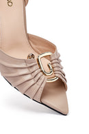 Women's Beige Ankle Buckle Thin Heel Leather Sandals | Derimod