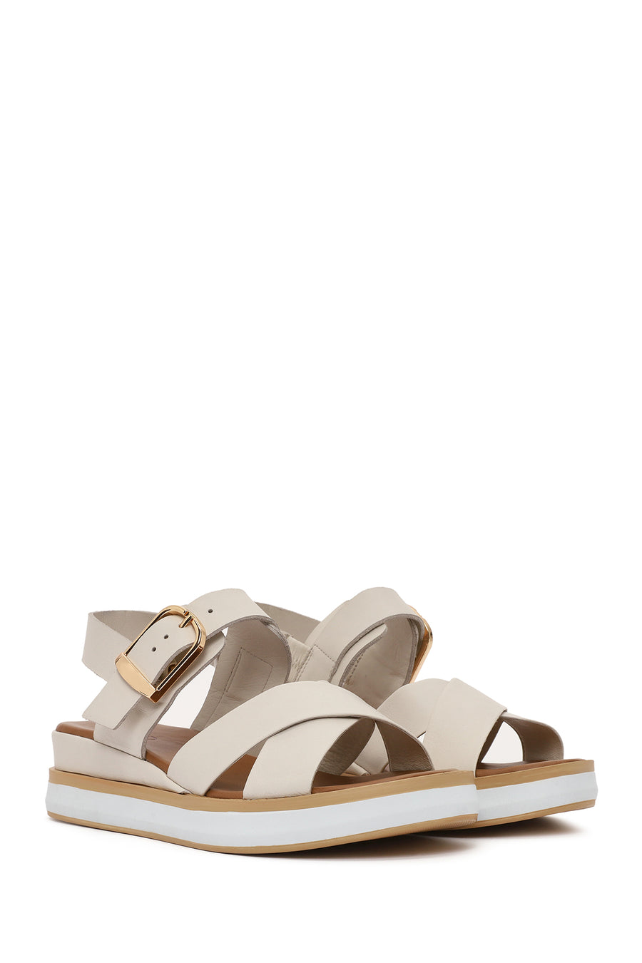 Women's Cream Ankle Buckle Thick Soled Leather Sandals