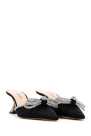 Women's Black Leather Stone Heeled Slippers | Derimod