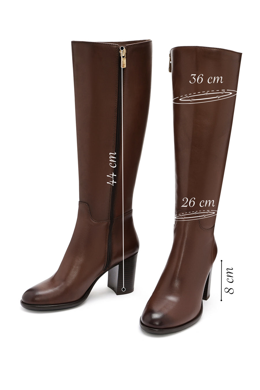 Woman Brown Zippered Chunky Heels Leather Boot