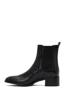 Women's Black Croco Patterned Short Thick Heel Leather Chelsea Boot | Derimod