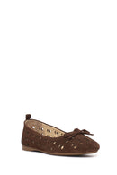 Women's Brown Patterned Suede Leather Ballet Flats | Derimod