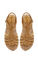 Women's Camel Suede Leather Espadrille Sandals with Ankle Buckle | Derimod