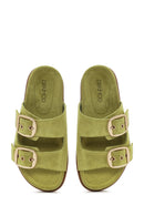 Women's Green Buckle Suede Leather Slippers | Derimod