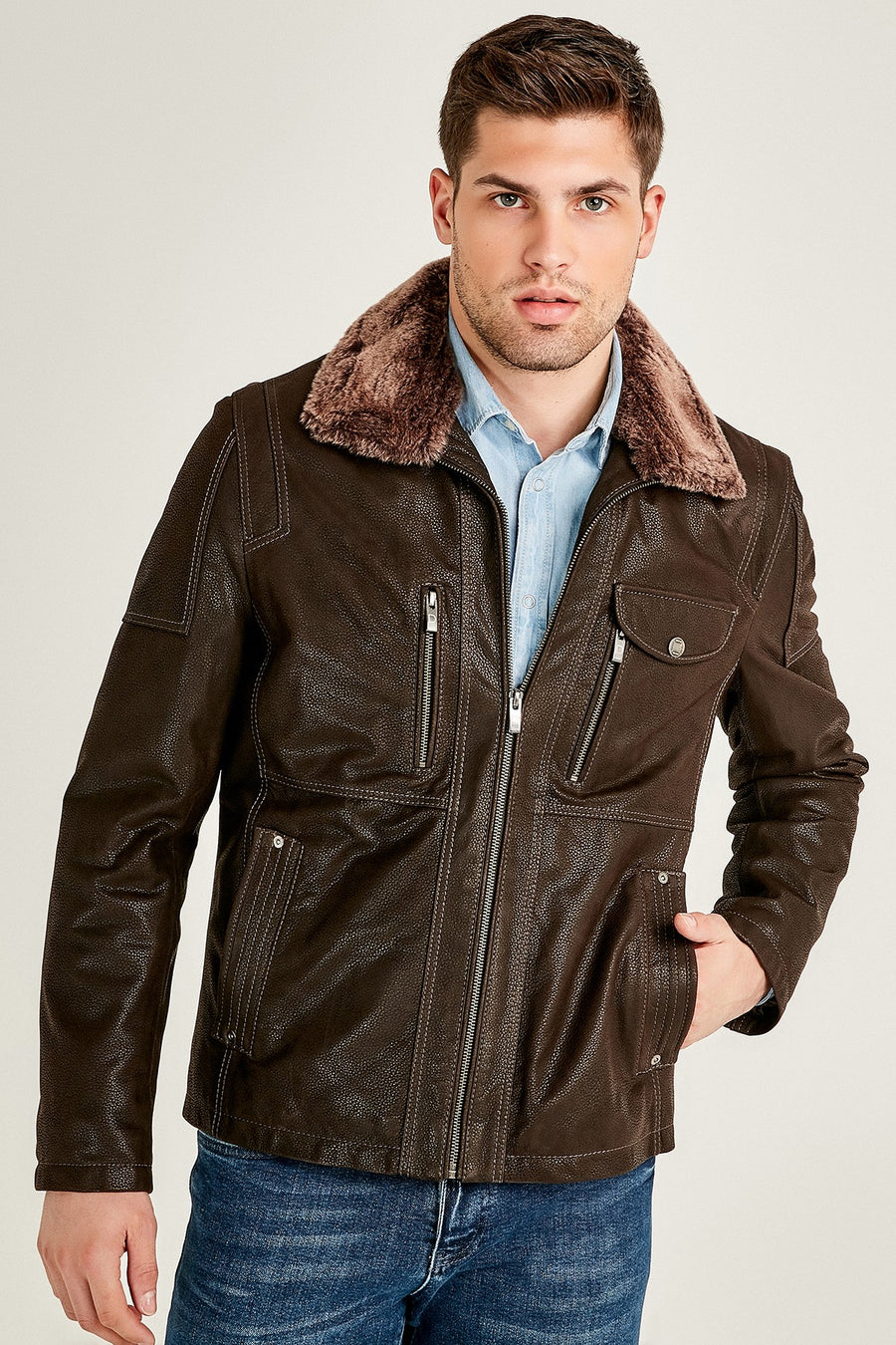 Angelo Men's Brown Leather Jacket with Fur Collar