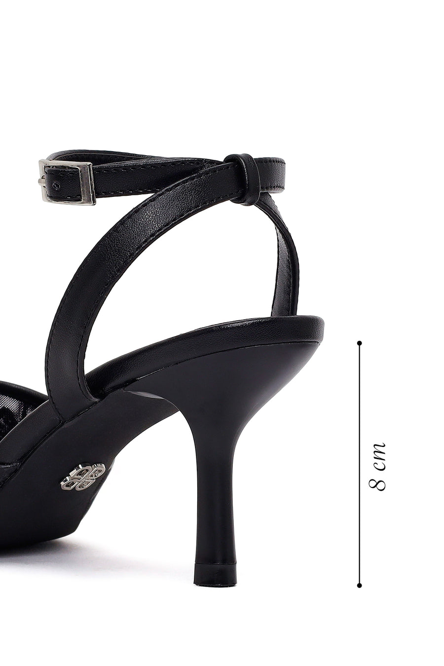 Woman Black Ankle-Buckle Floral Embroidered Open-Back Thin High Heel