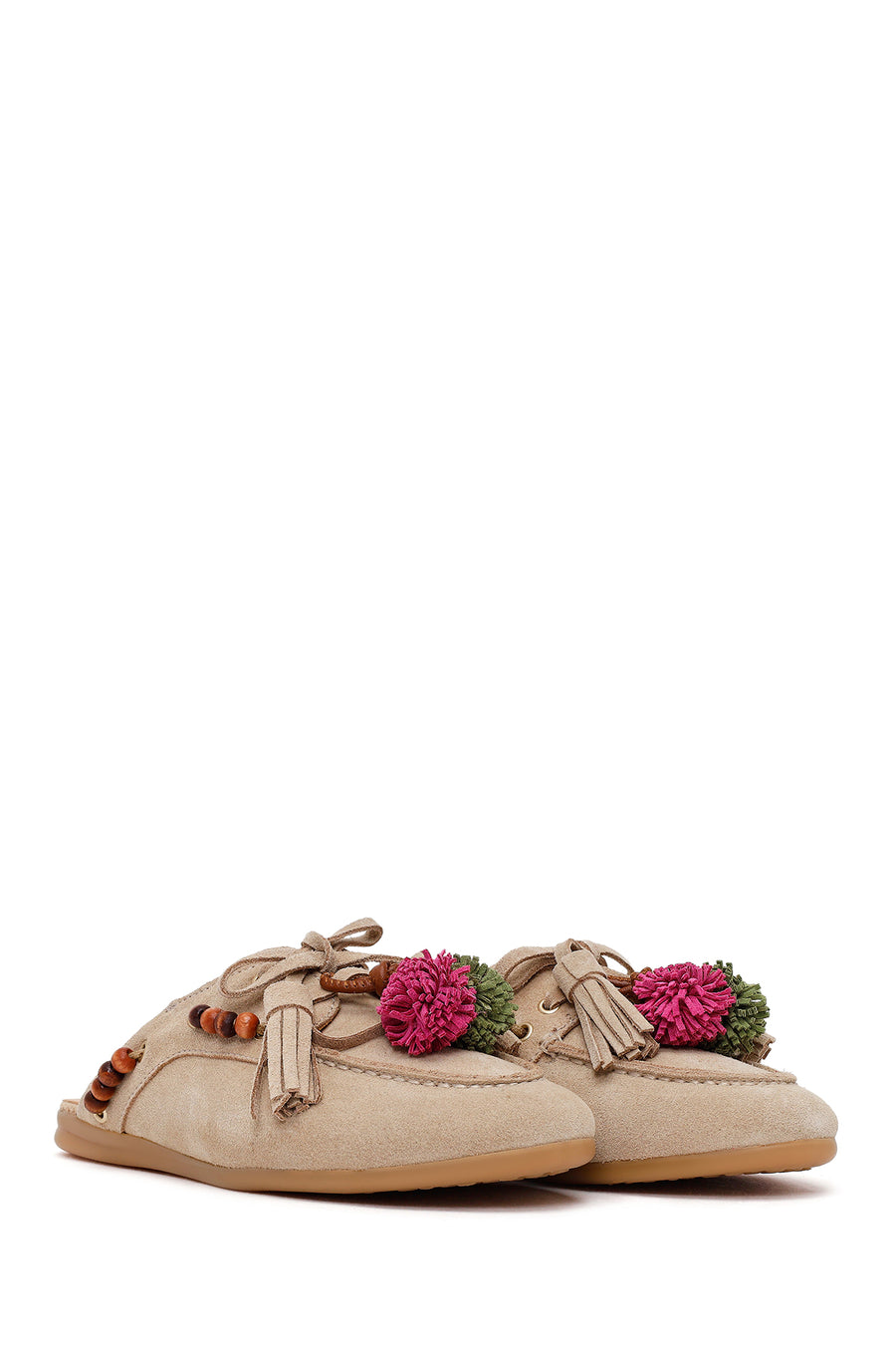 Woman Beige Tassel Suede Mule Slipper