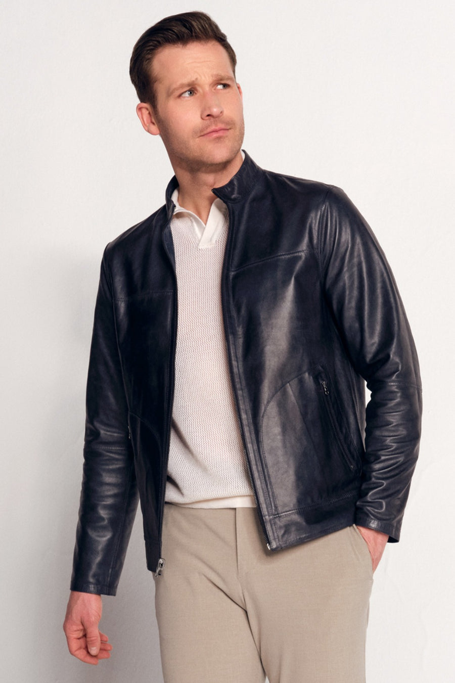 Clint Male Navy Mandarin Collar Reversible Suede Leather Jacket