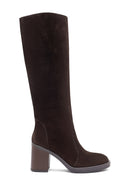 Woman Brown Zippered Chunky Heel Suede Leather Boot | Derimod