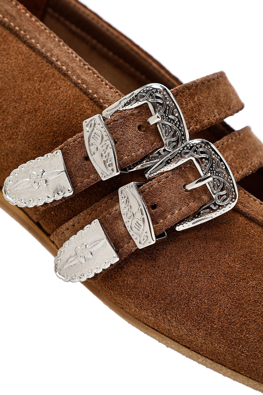 Women's Tan Double Buckled Suede Leather Ballerinas