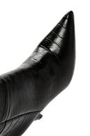 Women's Black Crocodile Patterned Thin Heeled Leather Boots | Derimod