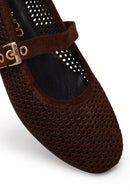 Woman Brown Mesh Suede Leather Ballet Flat | Derimod