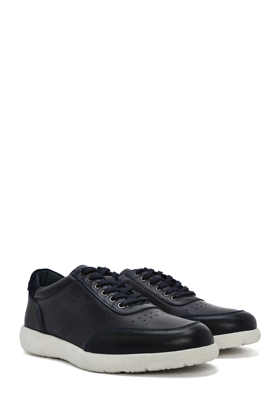 Erkek Lacivert Bağcıklı Deri Casual Sneaker