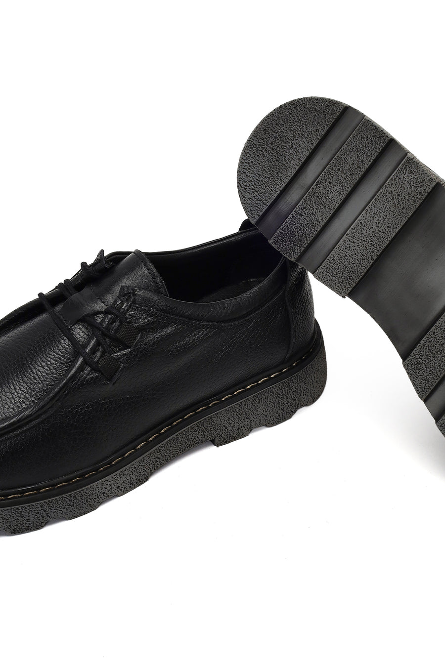 Male Black Lace-Up Thick-Soled Leather Casual Shoes