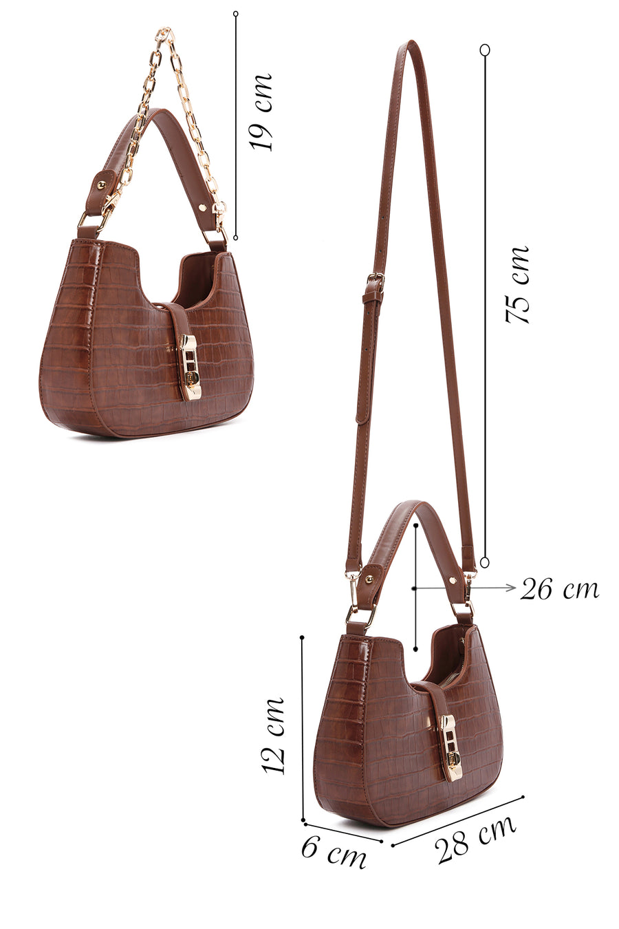 Women's Brown Long Strap Crocodile Patterned Handbag