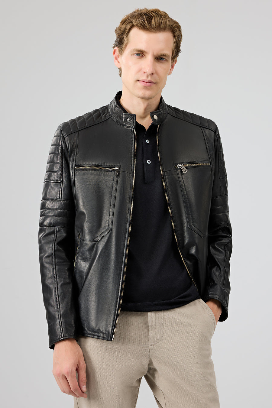 Morant Men's Black Mandarin Collar Leather Jacket 24WGF6554VE | Derimod