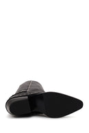 Woman Black Studded Chunky-Heeled Leather Cowboy Boots | Derimod