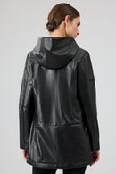Cindy Women's Black Hooded Leather Coat | Derimod