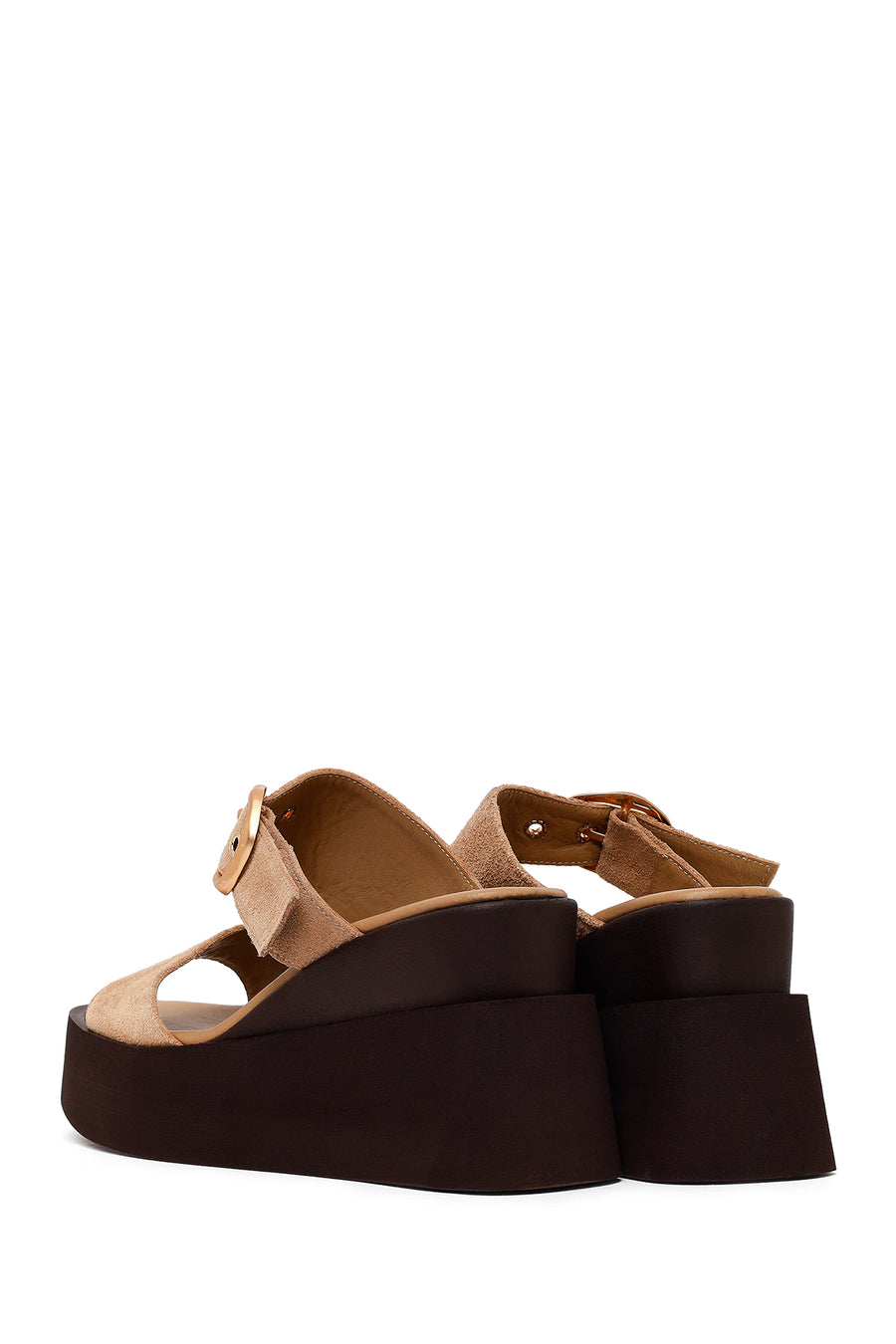 Woman Beige Buckled Wedge Heel Suede Slipper