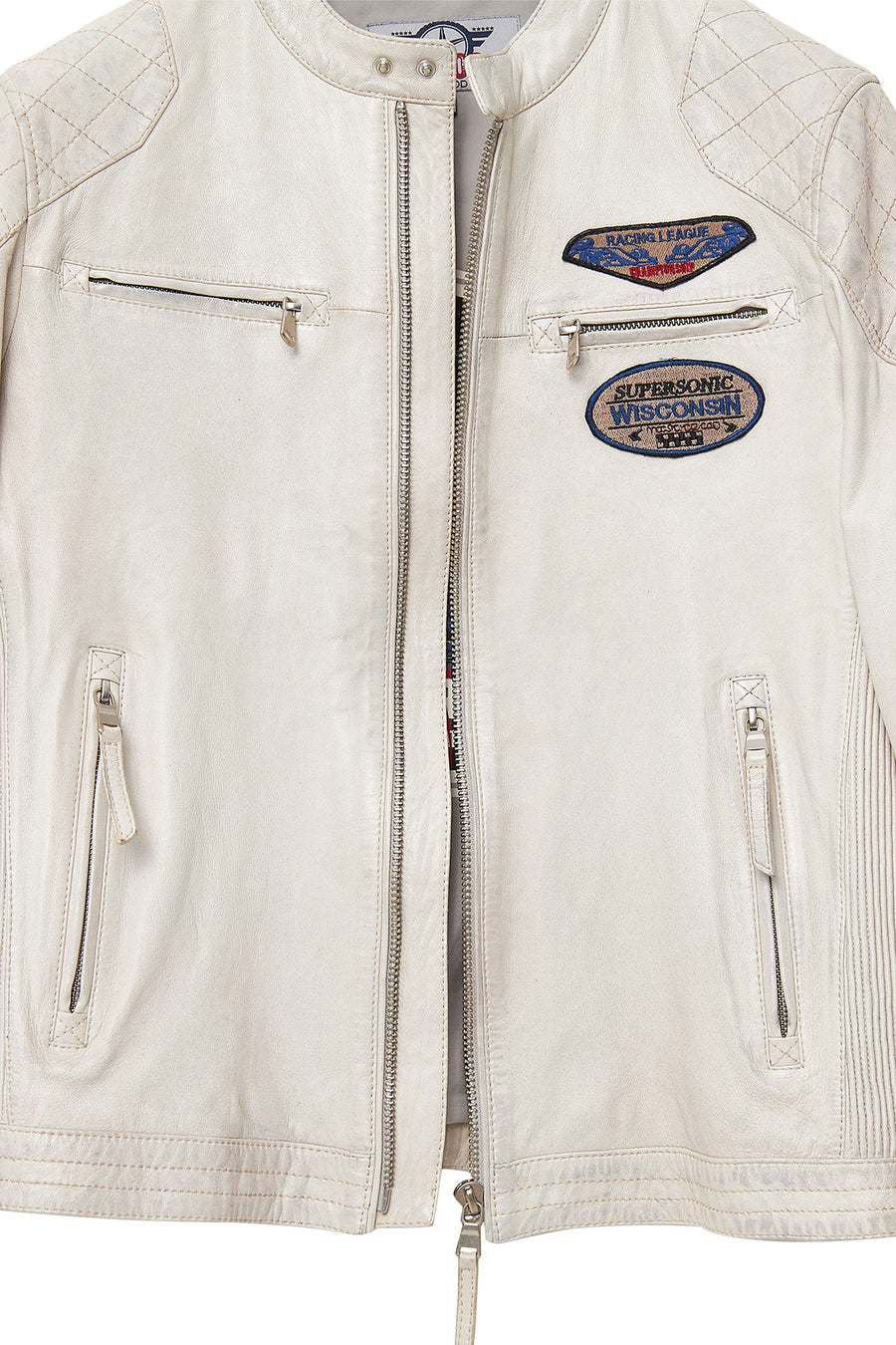 Storm Men's White Slim-Fit Leather Jacket with Emblem