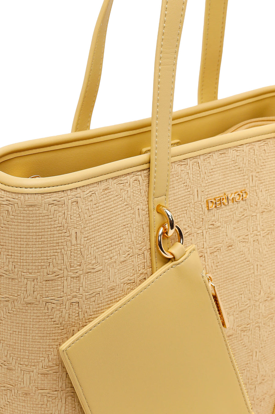Woman Beige Patterned Wicker Shoulder Bag with Long Strap