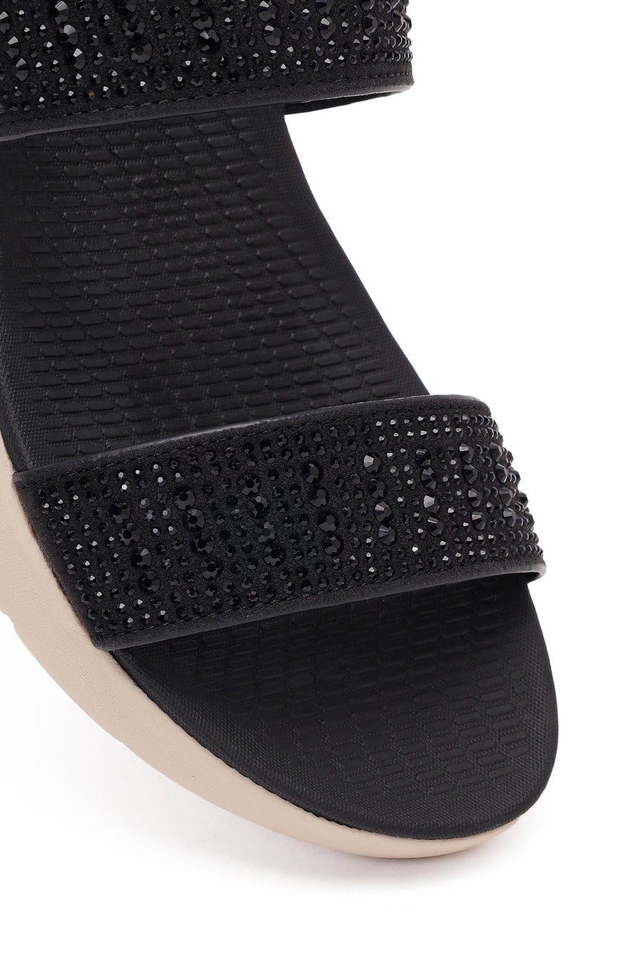 Women's Black Chunky Sole Embellished Fabric Comfort Sandals