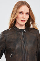 Glam Women's Brown Vintage Leather Jacket | Derimod