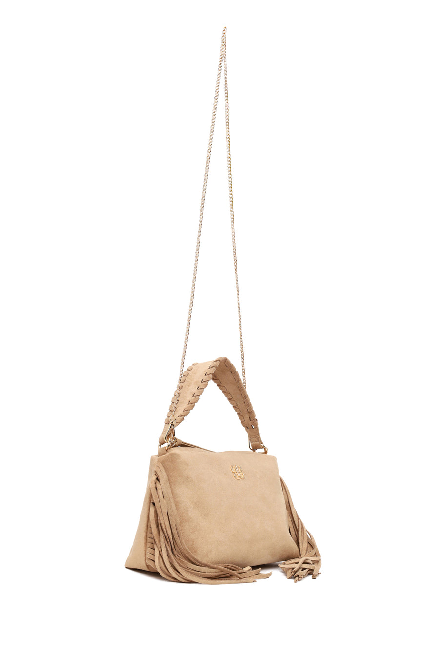 Woman Beige Suede Shoulder Bag with Long Chain Strap and Tassel