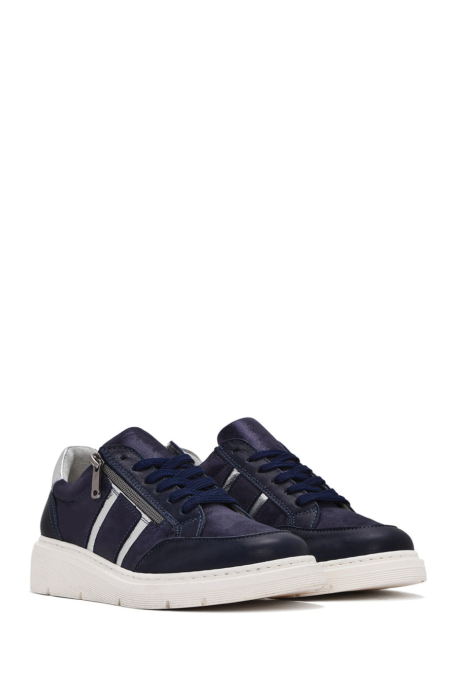 Women's Navy Blue Lace-Up Thick-Soled Leather Casual Shoes