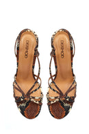Women's Brown High Thin Heel Patterned Leather Sandals | Derimod