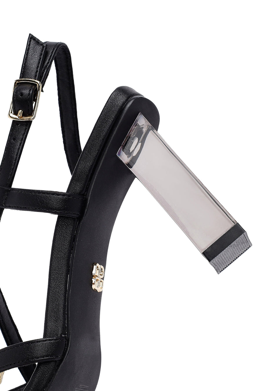 Woman Black Buckled Transparent Thick Heel Sandals