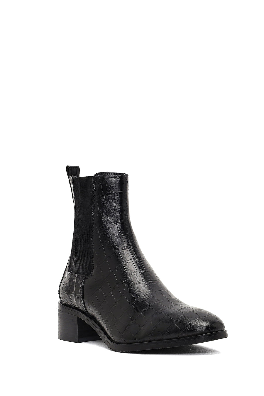 Women's Black Croco Patterned Short Thick Heel Leather Chelsea Boot