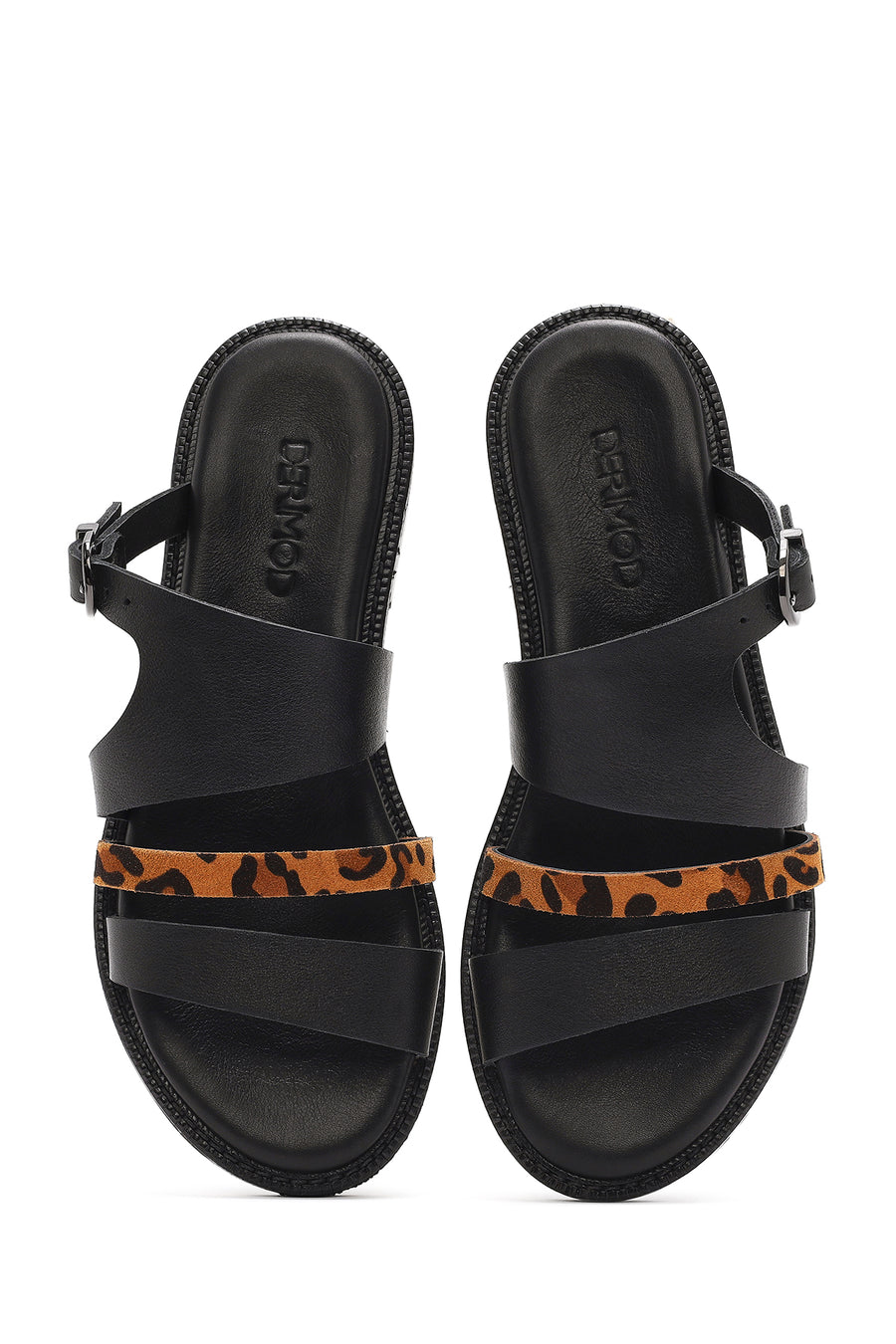 Women's Black Leopard Patterned Leather Slippers