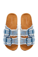 Women's Blue Double Buckle Studded Fabric Slippers | Derimod